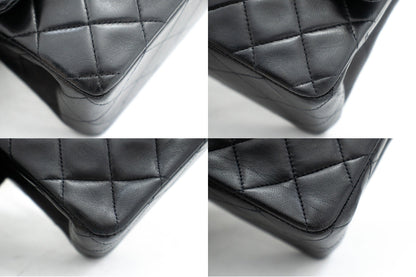 CHANEL Classic Double Flap 10" Chain Shoulder Bag Black Lambskin k76