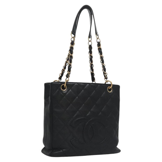 CHANEL Matelasse Chain Shoulder Bag Caviar Skin Black Gold CC BA096