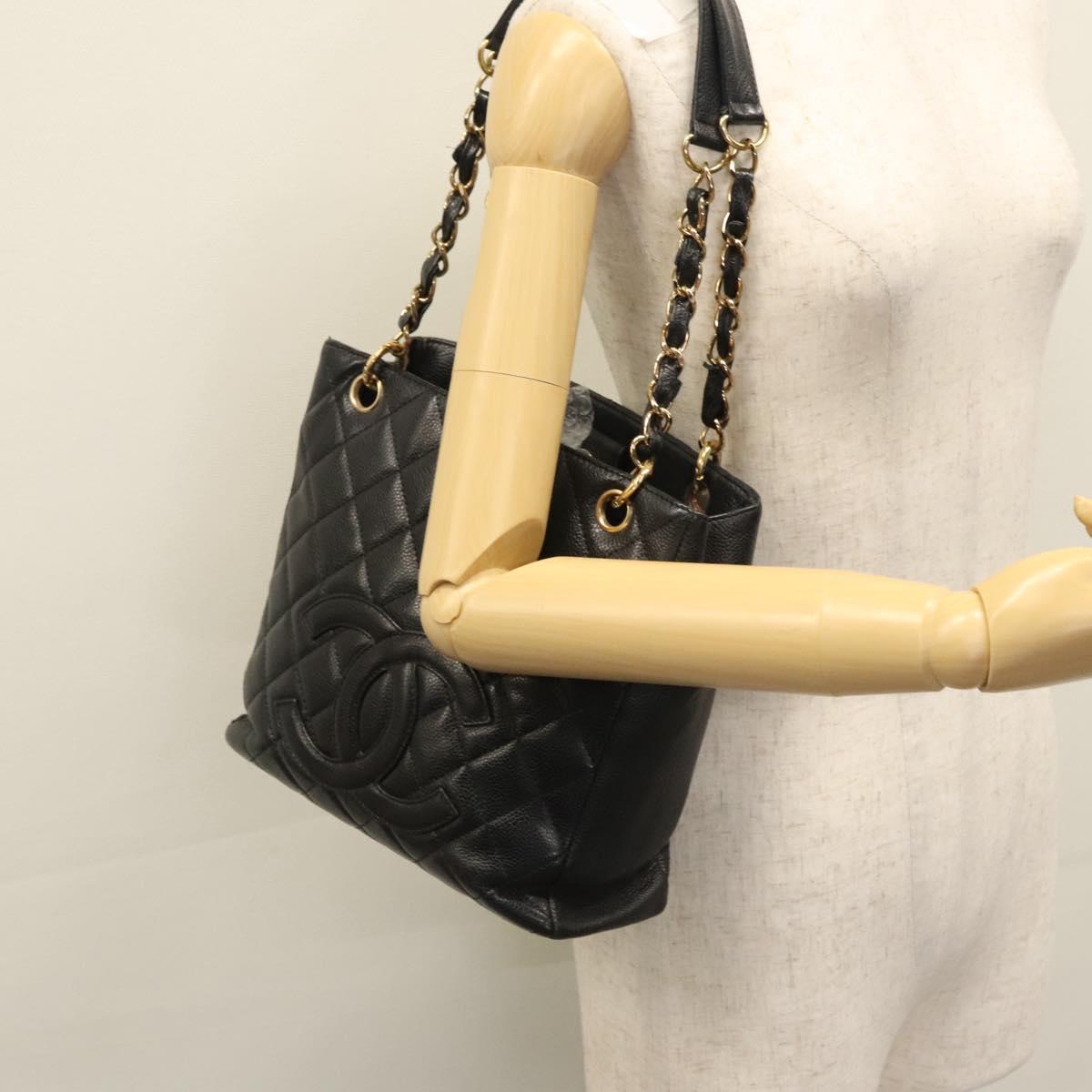 CHANEL Matelasse Chain Shoulder Bag Caviar Skin Black Gold CC BA096