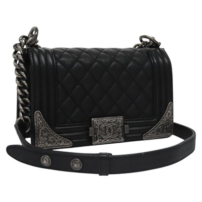 CHANEL Chain Matelasse Boy Chanel Shoulder Bag Lamb Skin Black CC BA244S