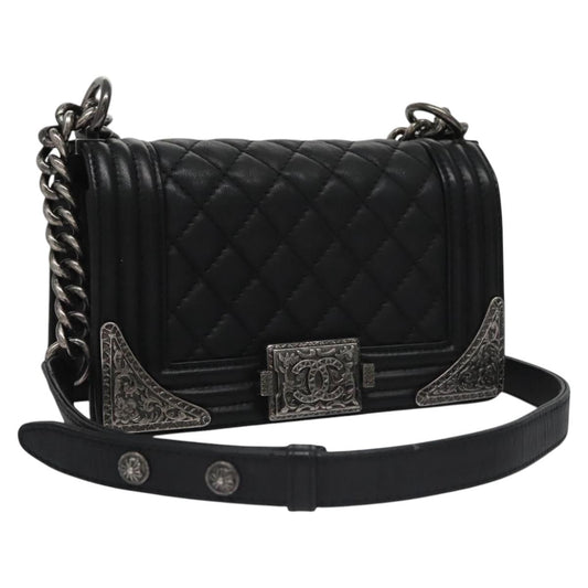 CHANEL Chain Matelasse Boy Chanel Shoulder Bag Lamb Skin Black CC BA244S