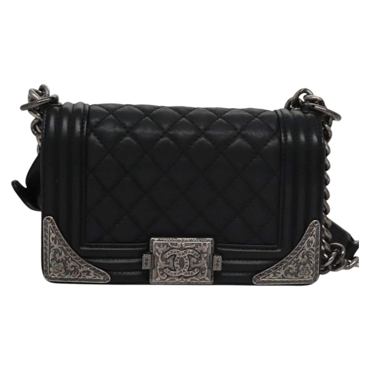 CHANEL Chain Matelasse Boy Chanel Shoulder Bag Lamb Skin Black CC BA244S