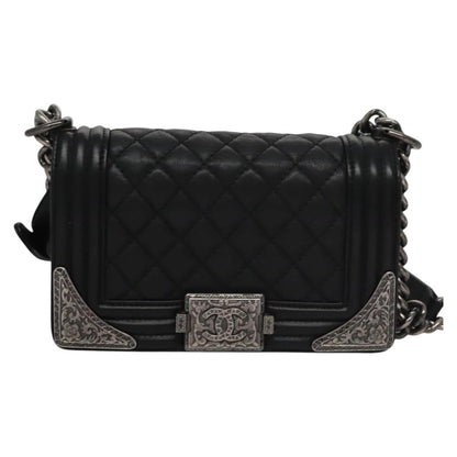 CHANEL Chain Matelasse Boy Chanel Shoulder Bag Lamb Skin Black CC BA244S