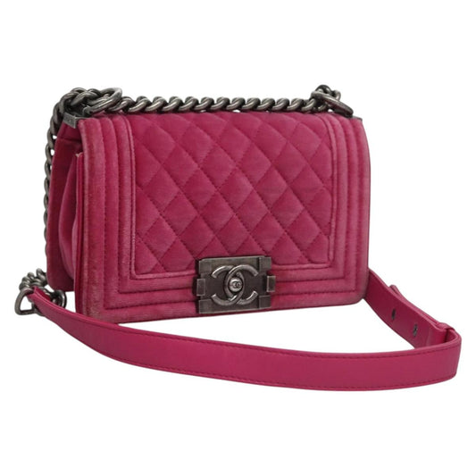 CHANEL Chain Boy Chanel Matelasse Shoulder Bag Velor Pink CC BA245