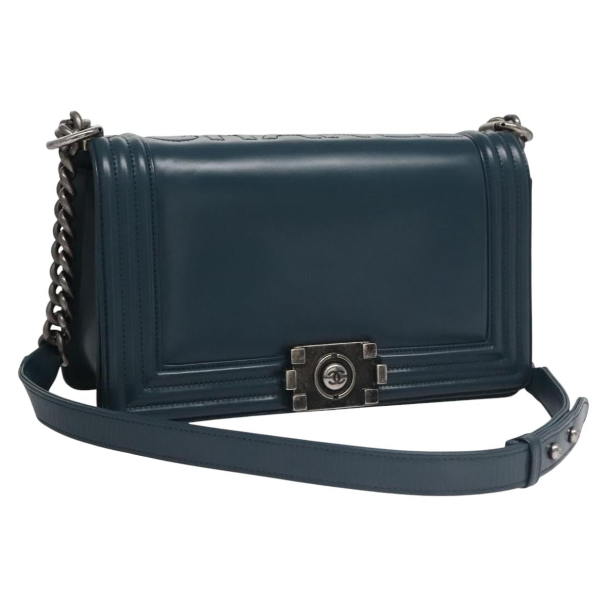 CHANEL Chain Matelasse Boy Chanel Shoulder Bag Leather Blue CC BA247A