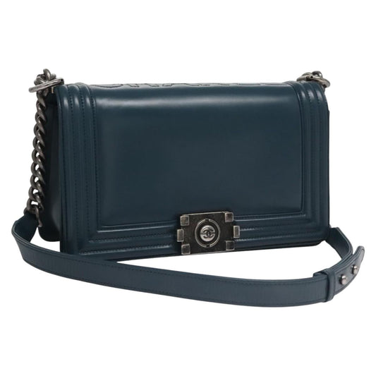 CHANEL Chain Matelasse Boy Chanel Shoulder Bag Leather Blue CC BA247A