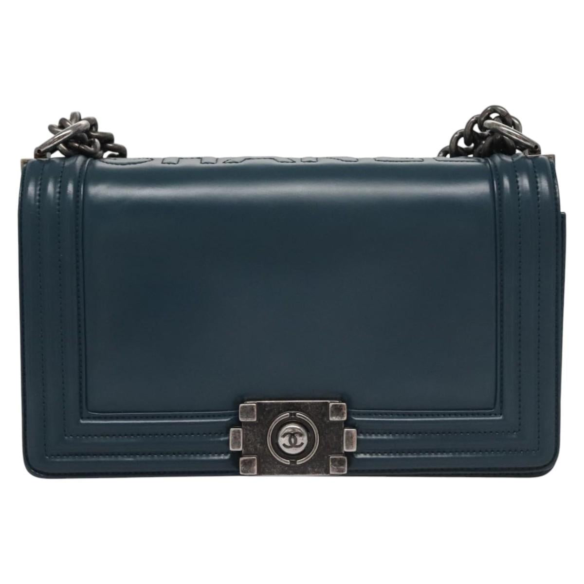 CHANEL Chain Matelasse Boy Chanel Shoulder Bag Leather Blue CC BA247A