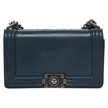 CHANEL Chain Matelasse Boy Chanel Shoulder Bag Leather Blue CC BA247A