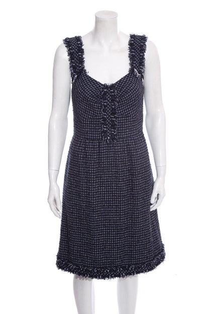 Chanel Navy Tweed Sleeveless Knee Length Dress SZ 40