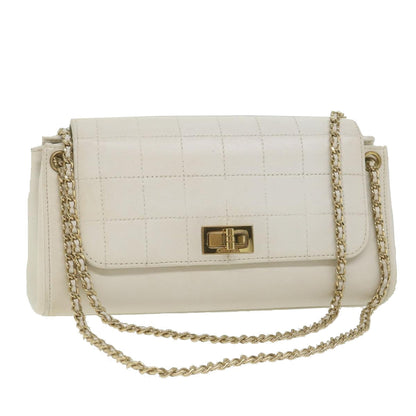 CHANEL Choco Bar line Chain Shoulder Bag Leather White CC bs10047