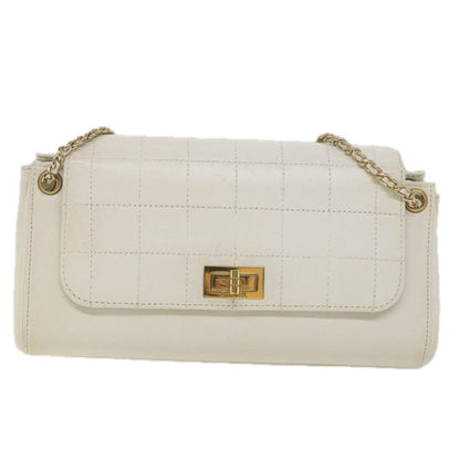 CHANEL Choco Bar line Chain Shoulder Bag Leather White CC bs10047