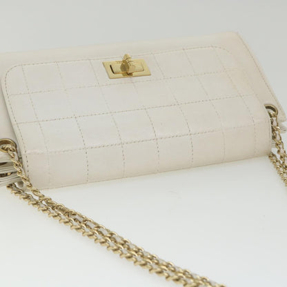 CHANEL Choco Bar line Chain Shoulder Bag Leather White CC bs10047
