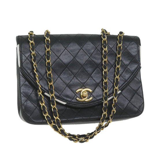 CHANEL Matelasse Chain Shoulder Bag Lamb Skin Black White CC bs10325