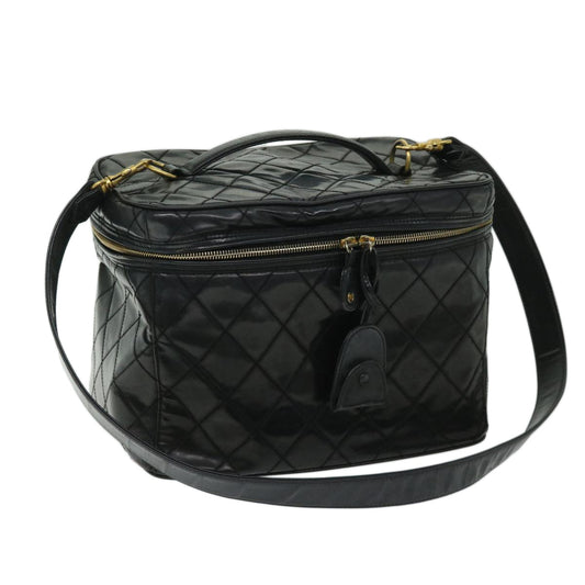 CHANEL Vanity Cosmetic Pouch Patent leather 2way Black CC bs11283