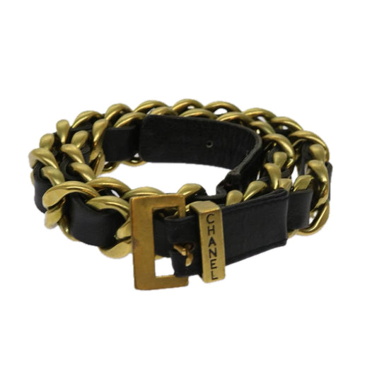 CHANEL Belt Leather 25.6""""""""-27.6"""""""" Gold Tone Black CC bs11333