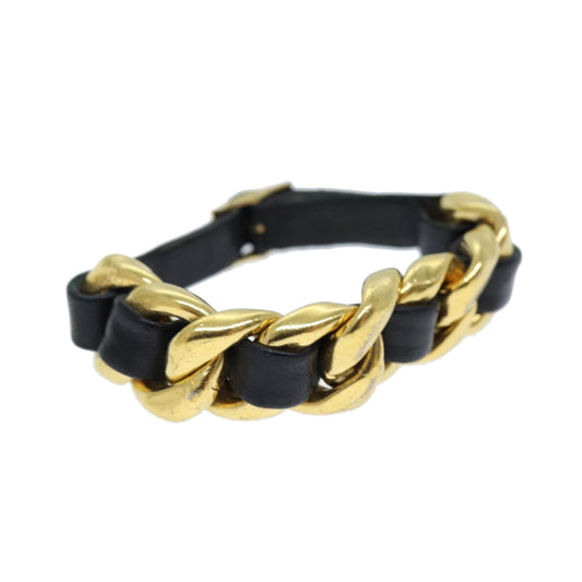 CHANEL Bracelet Metal Leather Gold Black CC bs13971
