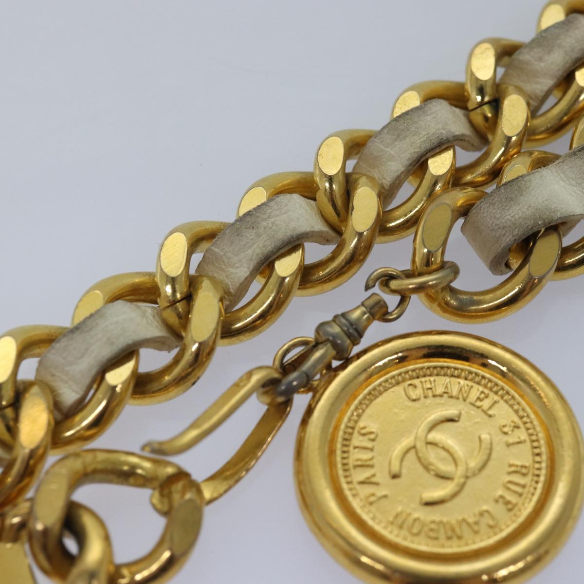 CHANEL Chain Belt metal 32.3"""""""" Gold White CC bs14521