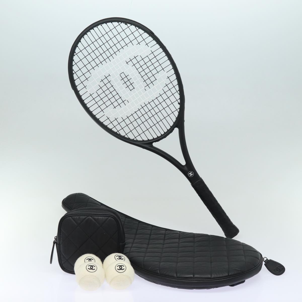 CHANEL Tennis Racket And Ball Set Leather Black White CC bs15099A