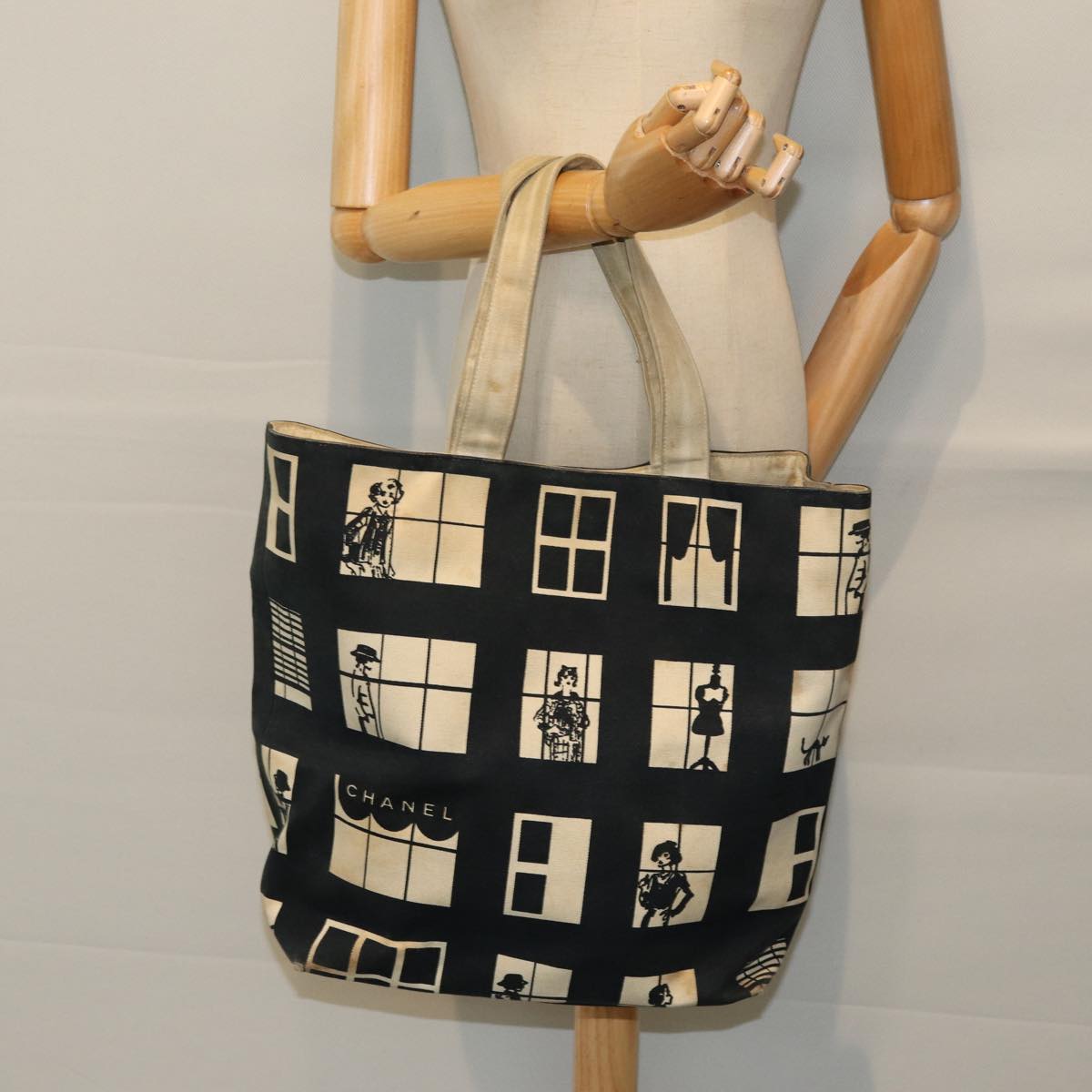 CHANEL Window line Tote Bag Canvas Black White gold CC bs16568