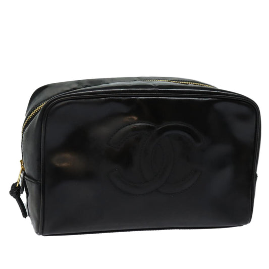 CHANEL COCO Mark Vanity Cosmetic Pouch Enamel Black Gold CC bs16594