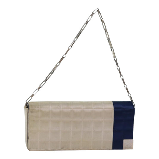 CHANEL Choco Bar Chain Hand Bag Satin Beige Navy CC bs16725