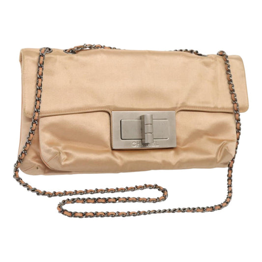 CHANEL Chain Shoulder Bag Satin Beige Silver CC bs16982