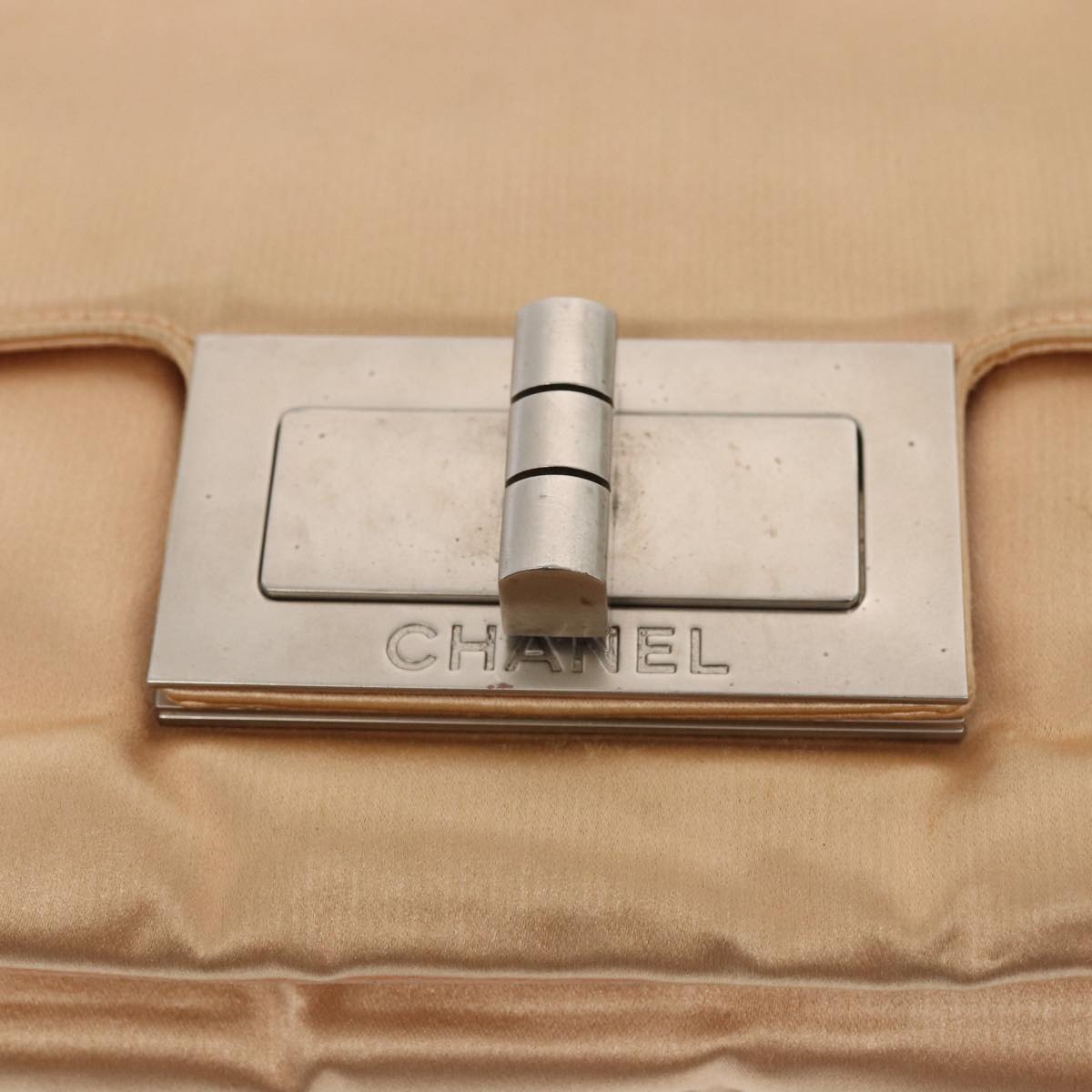 CHANEL Chain Shoulder Bag Satin Beige Silver CC bs16982