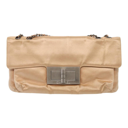 CHANEL Chain Shoulder Bag Satin Beige Silver CC bs16982
