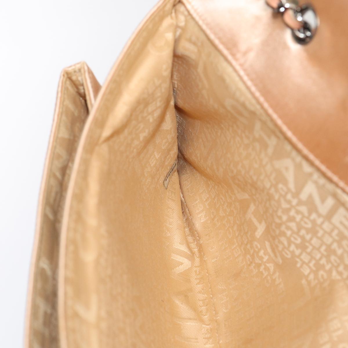 CHANEL Chain Shoulder Bag Satin Beige Silver CC bs16982