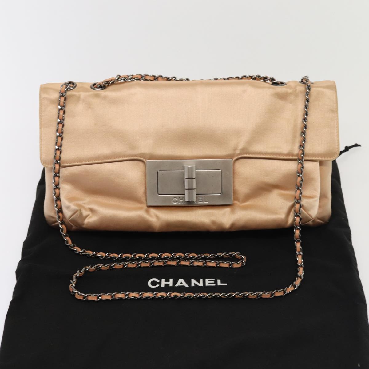 CHANEL Chain Shoulder Bag Satin Beige Silver CC bs16982