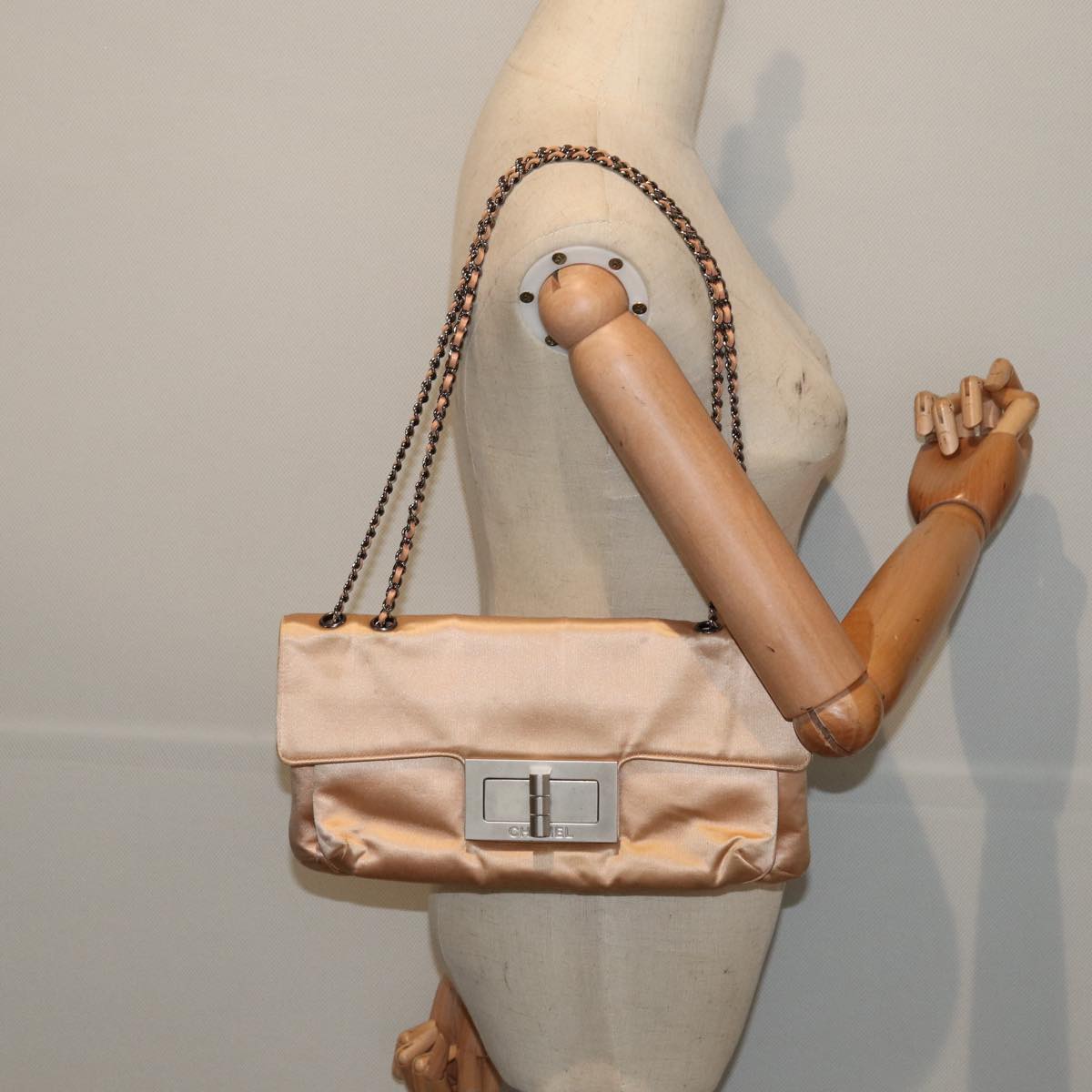 CHANEL Chain Shoulder Bag Satin Beige Silver CC bs16982