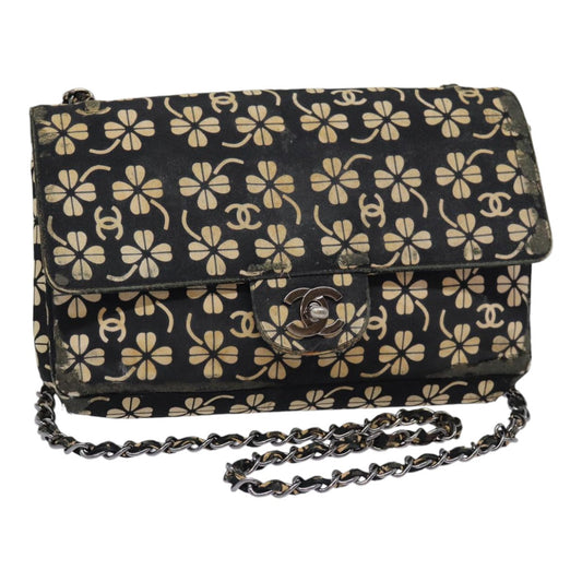 CHANEL Clover Turn Lock Chain Shoulder Bag Canvas Black Silver CC bs16983