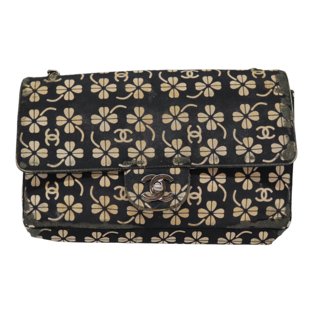 CHANEL Clover Turn Lock Chain Shoulder Bag Canvas Black Silver CC bs16983