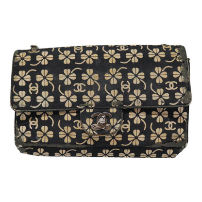CHANEL Clover Turn Lock Chain Shoulder Bag Canvas Black Silver CC bs16983