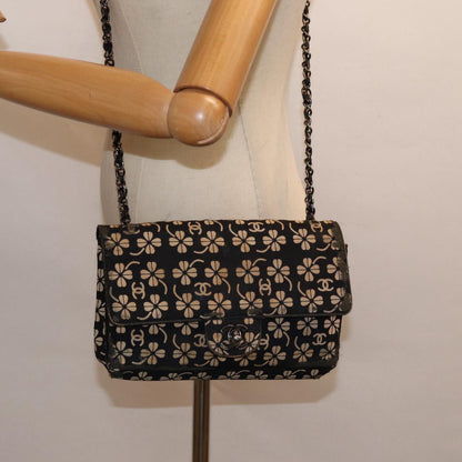 CHANEL Clover Turn Lock Chain Shoulder Bag Canvas Black Silver CC bs16983