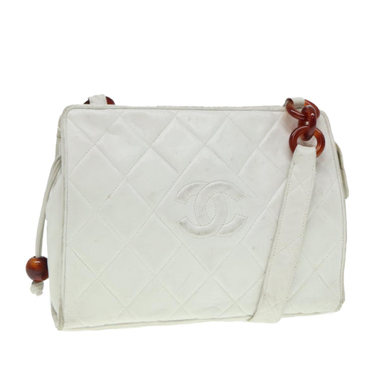 CHANEL Matelasse Shoulder Bag Lamb Skin White Gold CC bs17156