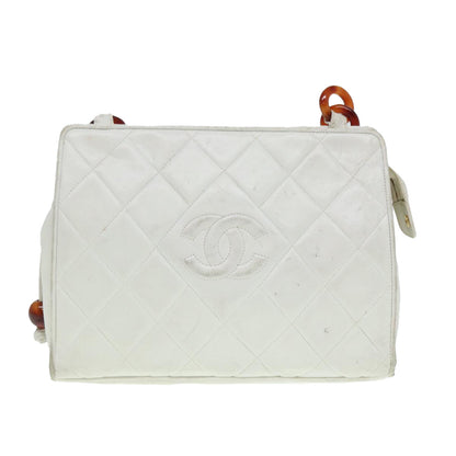 CHANEL Matelasse Shoulder Bag Lamb Skin White Gold CC bs17156