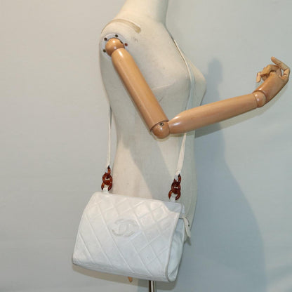 CHANEL Matelasse Shoulder Bag Lamb Skin White Gold CC bs17156