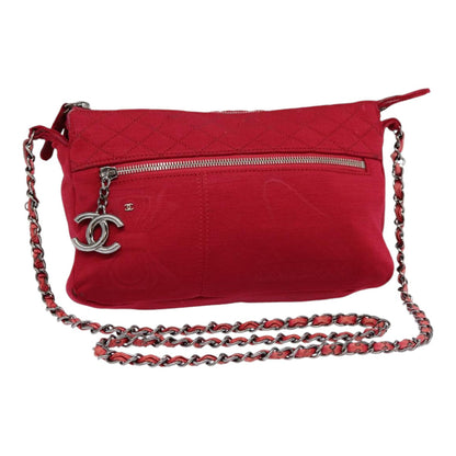 CHANEL Matelasse Chain Shoulder Bag Cotton Red Silver CC bs17224