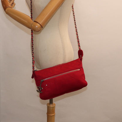 CHANEL Matelasse Chain Shoulder Bag Cotton Red Silver CC bs17224