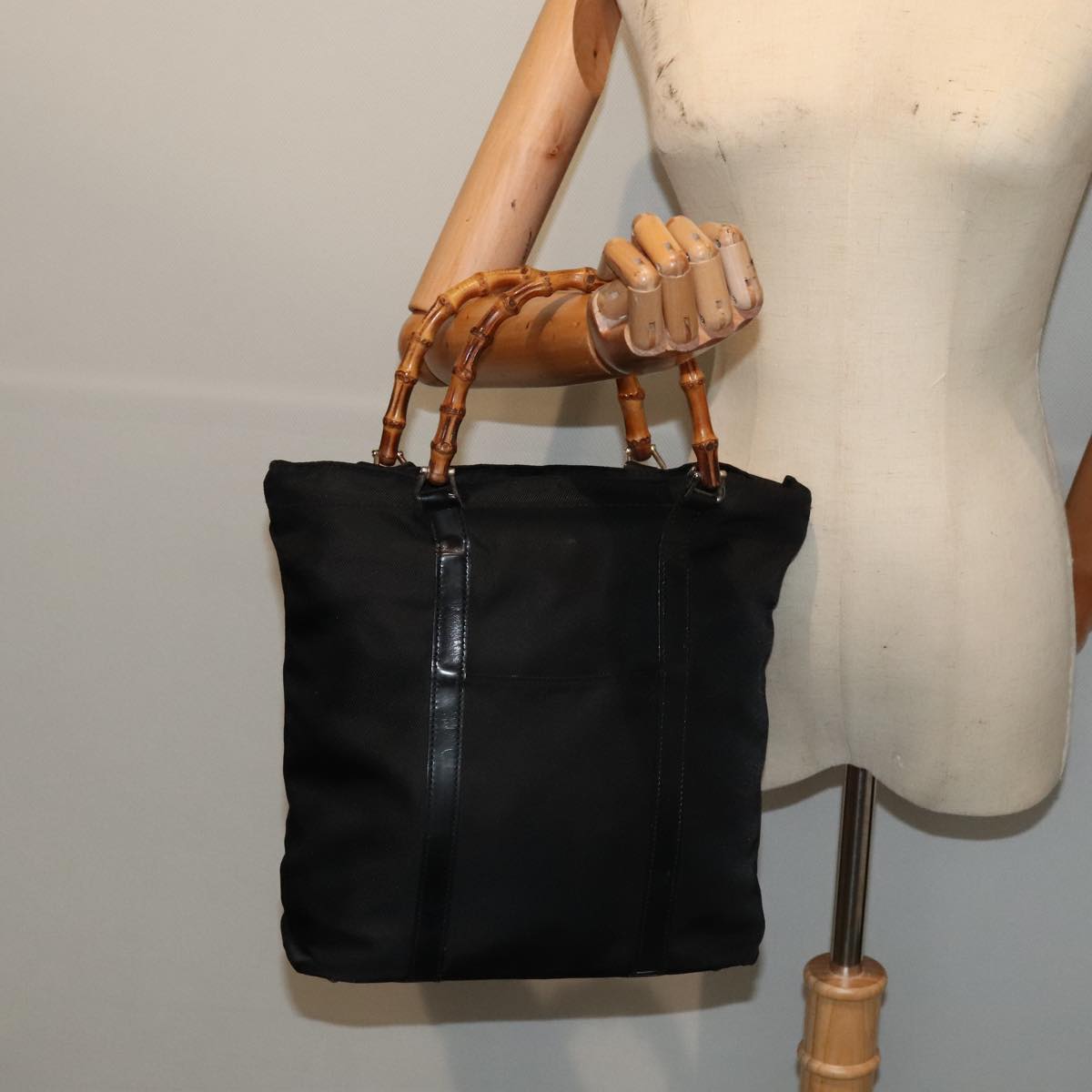 GUCCI Bamboo Hand Bag Nylon Black Gold 000 3754 0508  bs17437