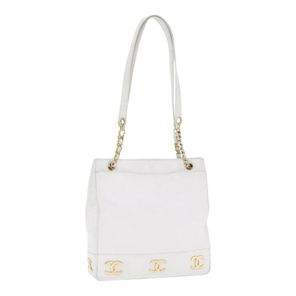 CHANEL Chain Shoulder Bag Caviar Skin White Gold CC bs17674