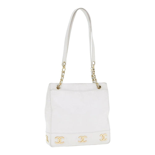 CHANEL Chain Shoulder Bag Caviar Skin White Gold CC bs17674