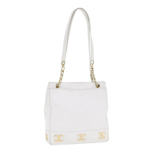 CHANEL Chain Shoulder Bag Caviar Skin White Gold CC bs17674