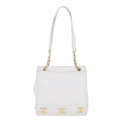 CHANEL Chain Shoulder Bag Caviar Skin White Gold CC bs17674