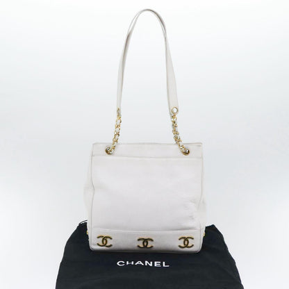 CHANEL Chain Shoulder Bag Caviar Skin White Gold CC bs17674