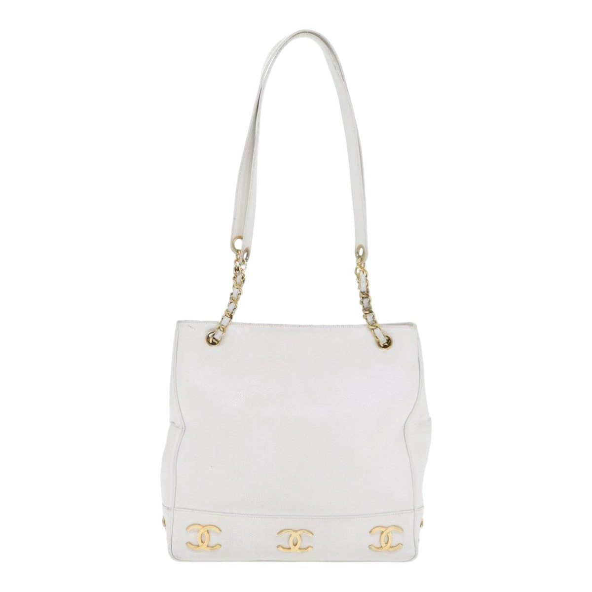 CHANEL Chain Shoulder Bag Caviar Skin White Gold CC bs17674