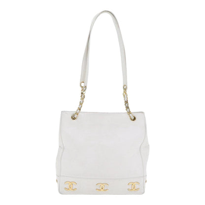 CHANEL Chain Shoulder Bag Caviar Skin White Gold CC bs17674