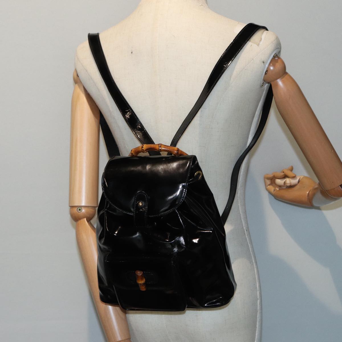 GUCCI Bamboo Backpack Enamel Black Gold 003 3444 0030  bs17710