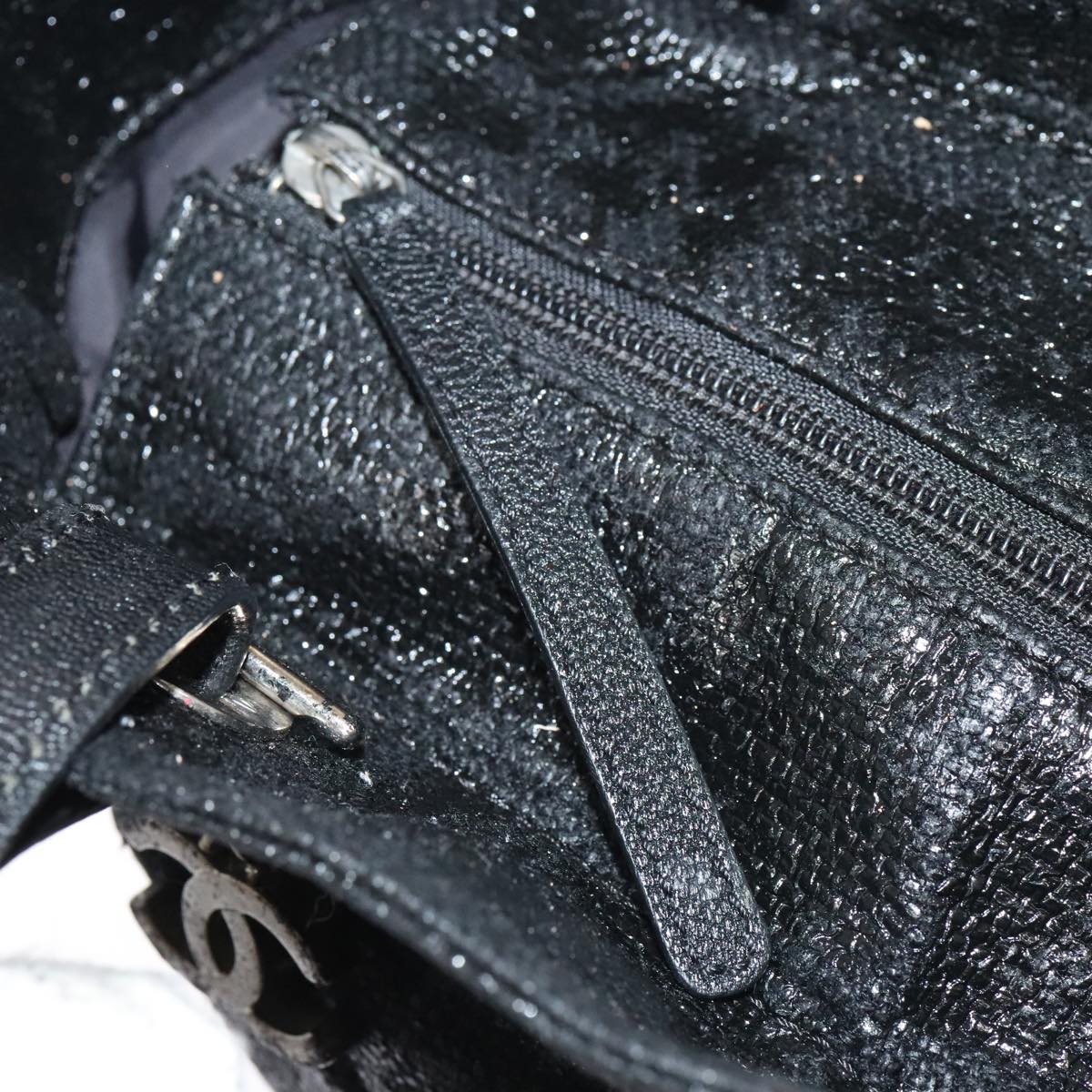 CHANEL Paris Biarritz MM Tote Bag Coated Canvas Black Silver CC bs17785